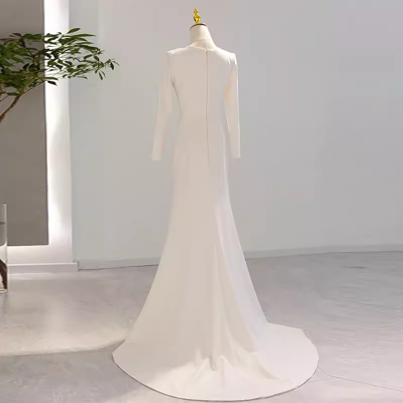 Sexy Mermaid Long Sleeves V Neckline Satin White Long Wedding Dresses Brides Dress