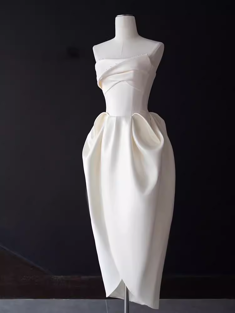 Sexy A line Strapless Satin White Tea Length Wedding Dresses Brides Dress