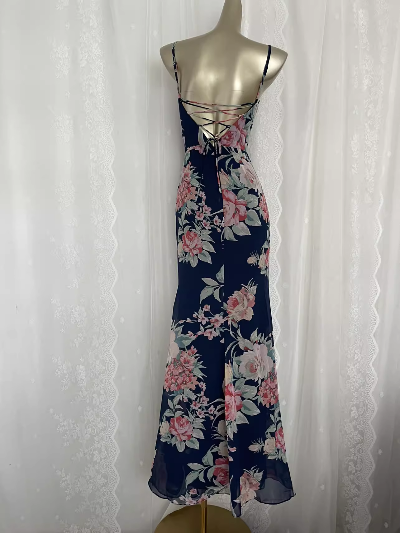 Vintage Sheath Spaghetti Straps Blue Rose Travel Vacation Floral Beach Dress Long Dress