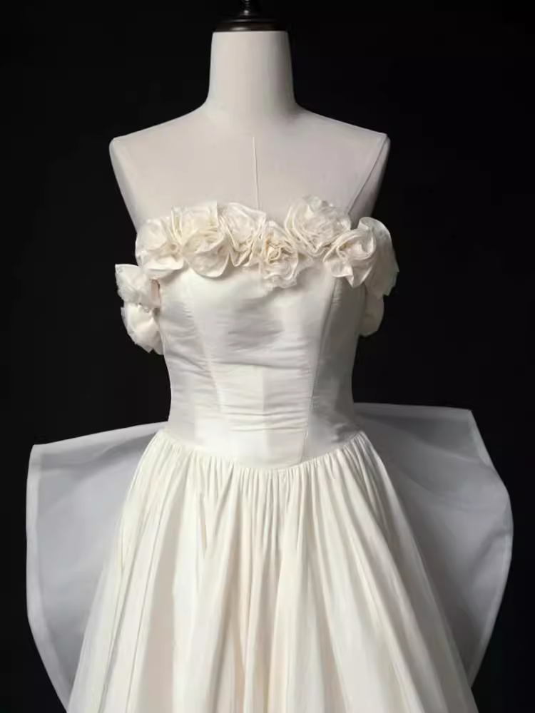 Vintage A line Strapless Satin White Long Wedding Dresses Brides Dress