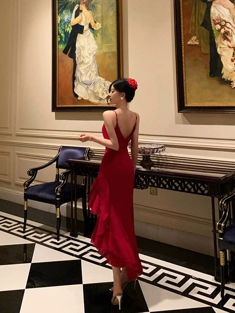 Classy High Low Spaghetti Straps Red Long Prom Dresses Birthday Outfits Evening Gown