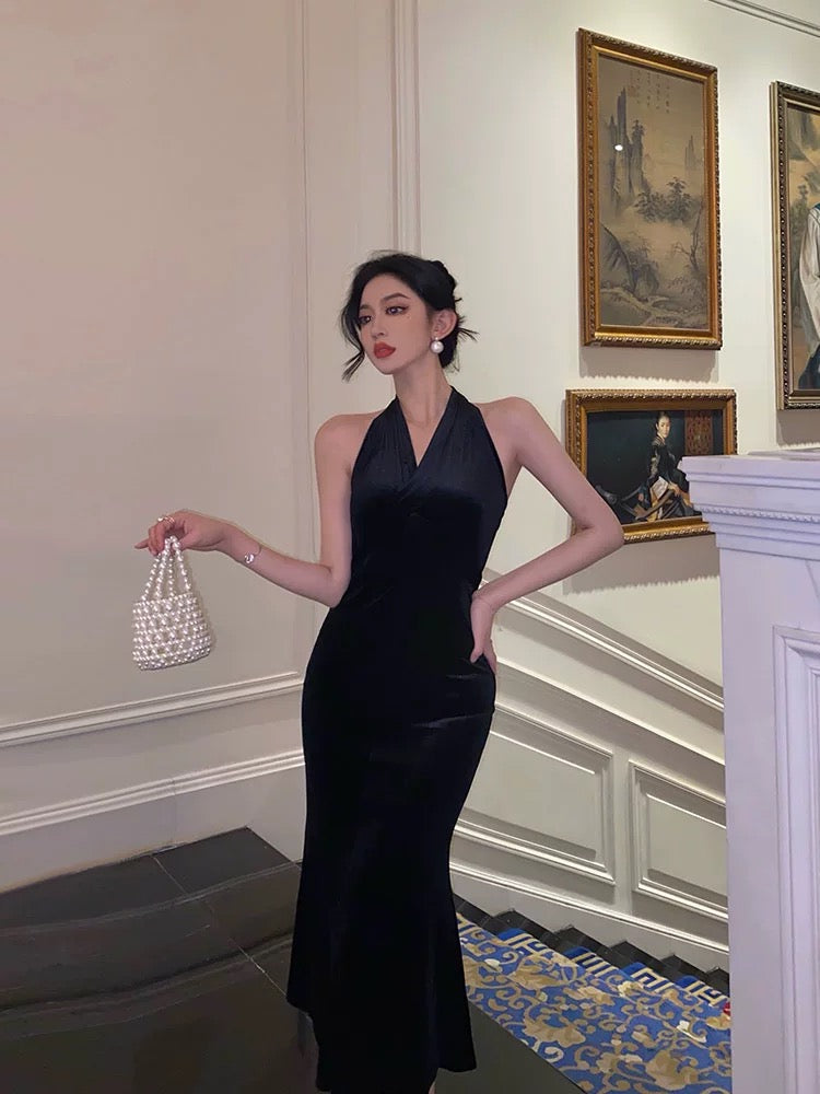 Vintage Sheath V neckline Black Velvet Long Prom Dresses Evening Gowns