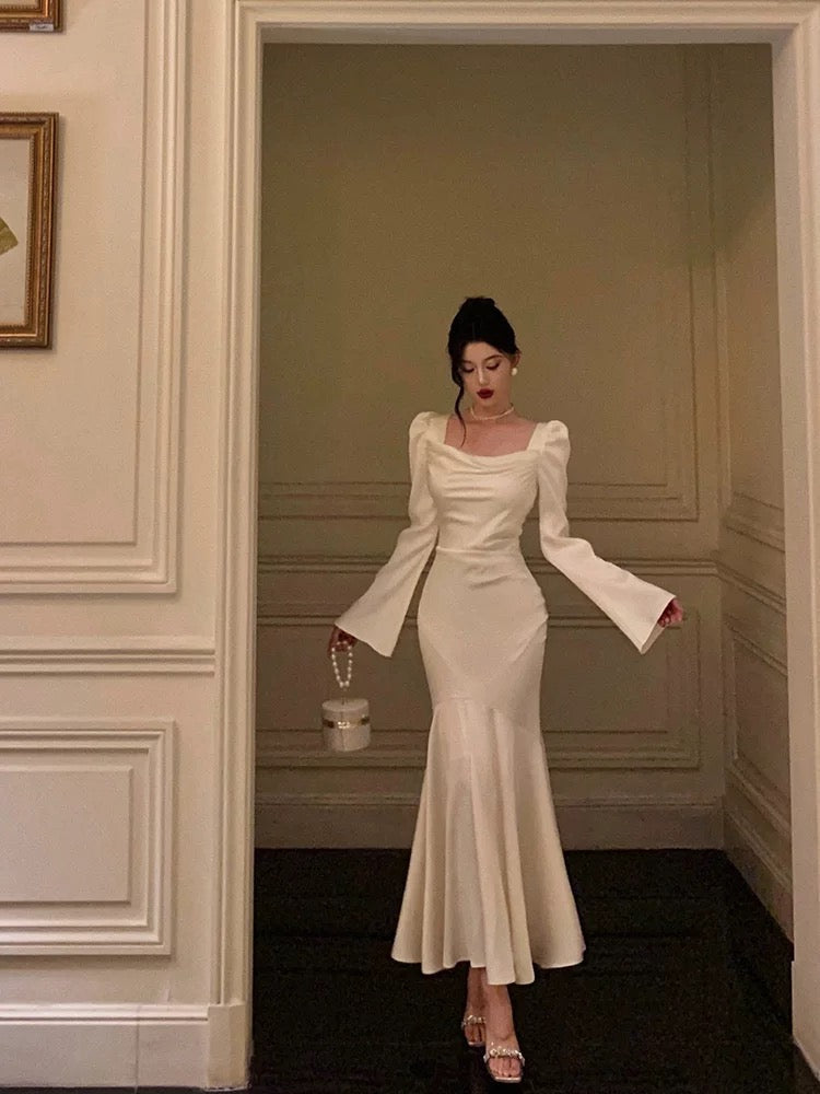 Classy Mermaid Square Neckline Long Sleeves Prom Dresses Birthday Outfits Evening Gown