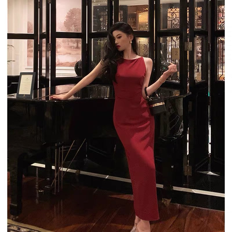 Sexy Sheath Jewel Neckline Red Long Prom Dresses Birthday Outfits Evening Gown