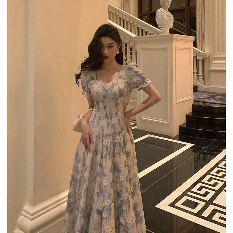 Classy A line Square neckline Blue Chiffon Long Prom Dresses Birthday Outfits Evening Gown