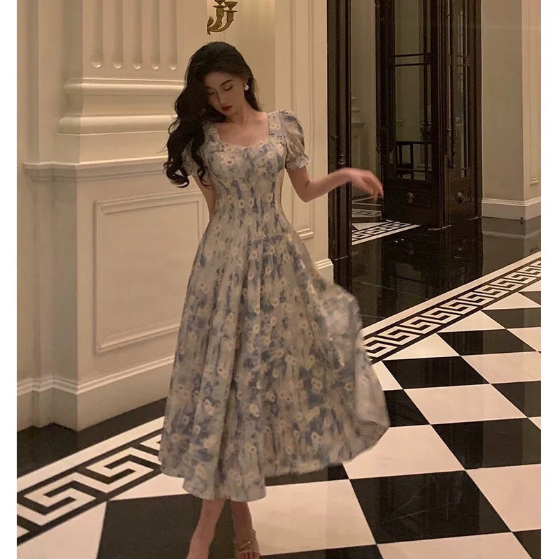 Classy A line Square neckline Blue Chiffon Long Prom Dresses Birthday Outfits Evening Gown
