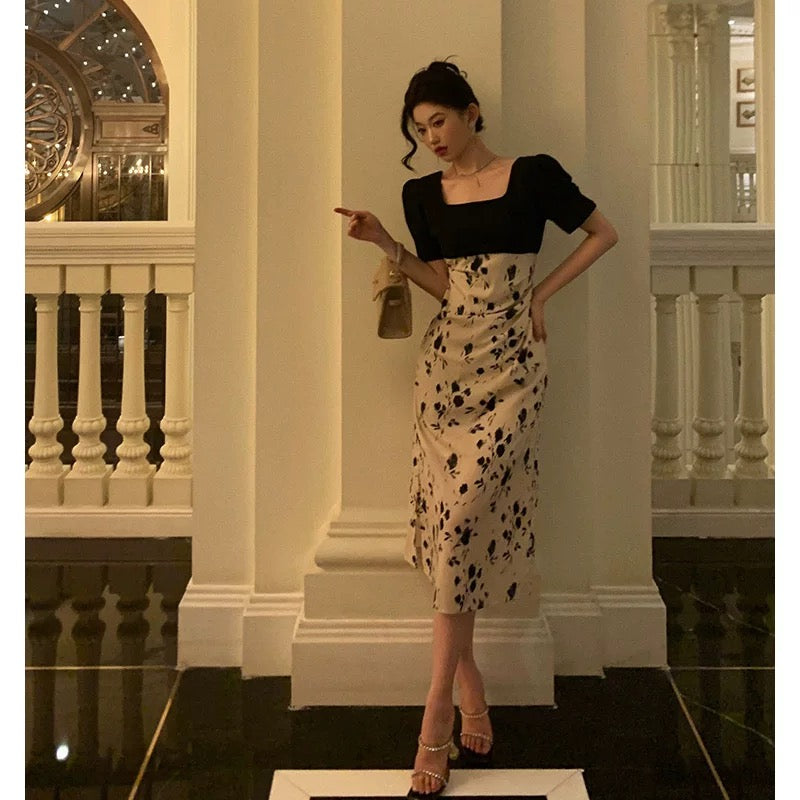 Sexy A Line Square Neckline Floral Black Prom Dresses Birthday Outfits Evening Gown