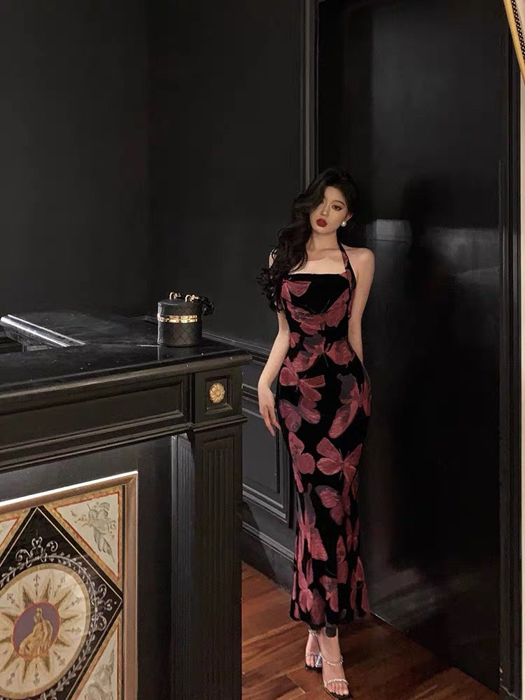 Sexy French Sheath Halter Floral Prom Dresses Birthday Outfits Evening Gown