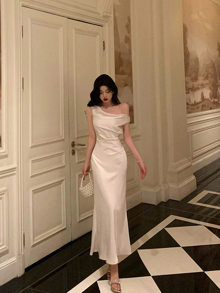 Sexy French Sheath One Shoulder White Prom Dresses Birthday Outfits Evening Gown