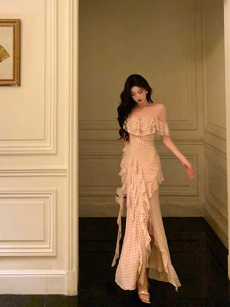 Classy Sheath Spaghetti Straps Floral Long Slit Prom Dresses Birthday Outfits Evening Gown