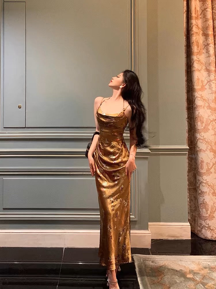 Gorgeous Sheath Straps Gold Satin Date Night Dress Long Prom Dresses Birthday Outfits