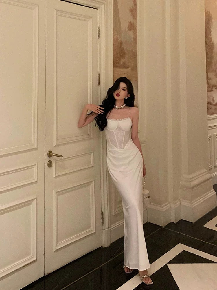 Gorgeous Sheath Spaghetti Straps White Satin Date Night Dress Long Prom Dresses Birthday Outfits
