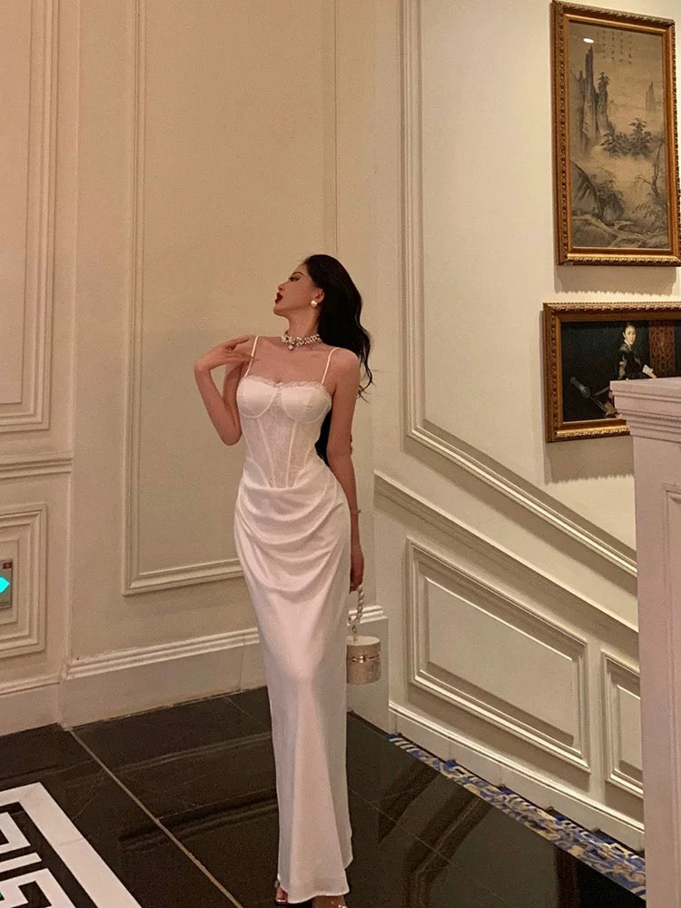 Gorgeous Sheath Spaghetti Straps White Satin Date Night Dress Long Prom Dresses Birthday Outfits