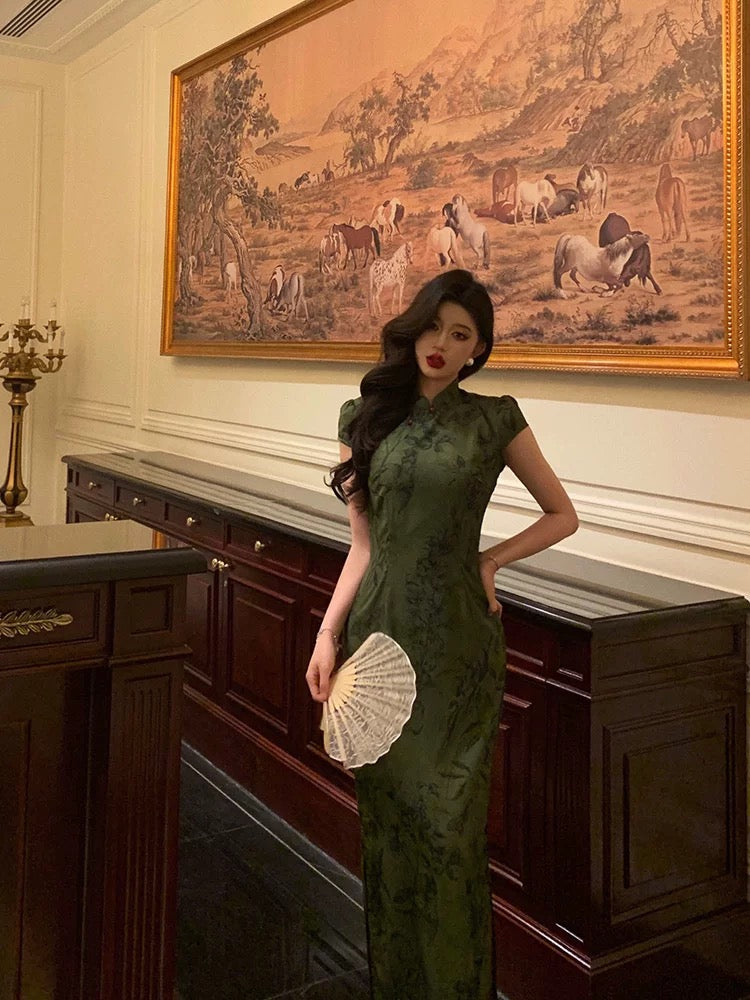 Gorgeous Sheath High Neckline Short Sleeves Green Date Night Dress Long Prom Dresses Birthday Outfits