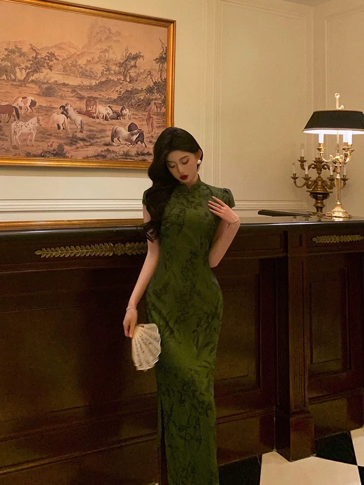 Gorgeous Sheath High Neckline Short Sleeves Green Date Night Dress Long Prom Dresses Birthday Outfits