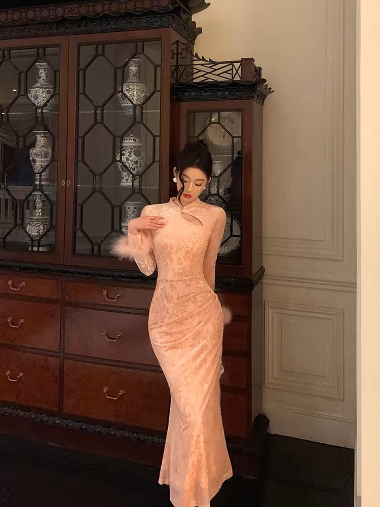 Gorgeous Sheath High Neckline Long Sleeves Pink Date Night Dress Long Prom Dresses Birthday Outfits