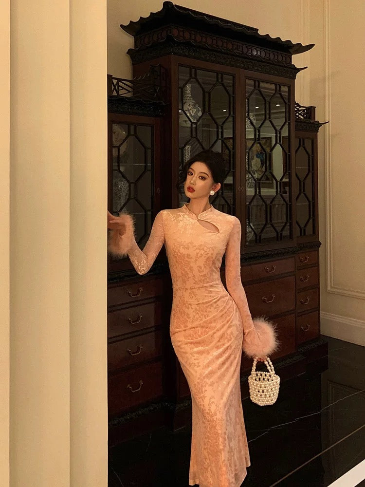 Gorgeous Sheath High Neckline Long Sleeves Pink Date Night Dress Long Prom Dresses Birthday Outfits