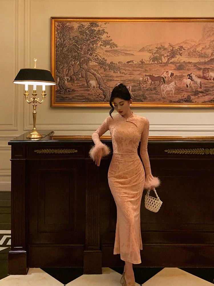 Gorgeous Sheath High Neckline Long Sleeves Pink Date Night Dress Long Prom Dresses Birthday Outfits