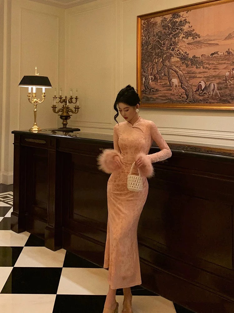 Gorgeous Sheath High Neckline Long Sleeves Pink Date Night Dress Long Prom Dresses Birthday Outfits