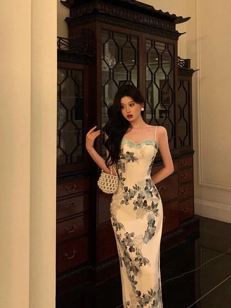 Classy Sheath Spaghetti Straps Floral Prom Dresses Birthday Outfits Evening Gown