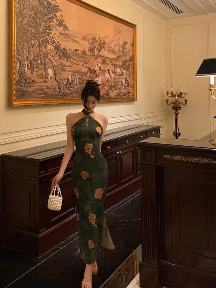 Classy Sheath Halter Green Slit Prom Dresses Birthday Outfits Evening Gown