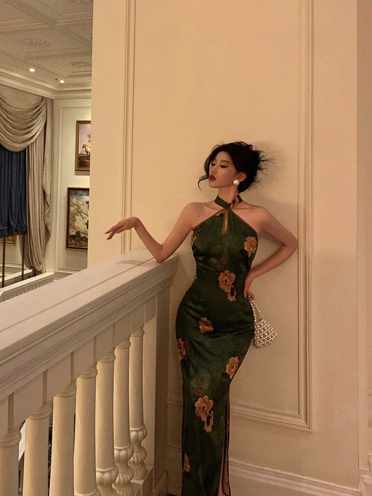 Classy Sheath Halter Green Slit Prom Dresses Birthday Outfits Evening Gown