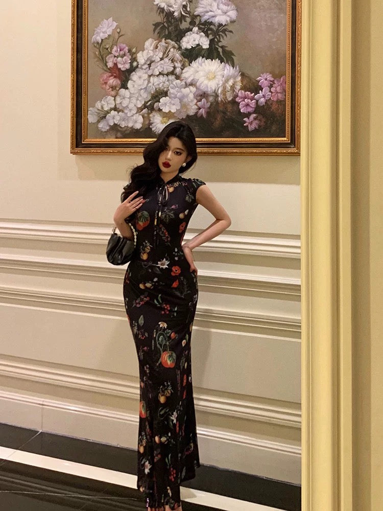 Gorgeous Sheath High Neckline Black Floral Date Night Dress Long Prom Dresses Birthday Outfits
