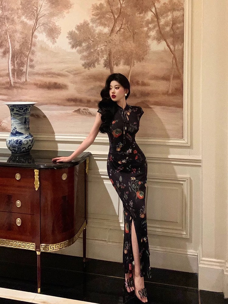 Gorgeous Sheath High Neckline Black Floral Date Night Dress Long Prom Dresses Birthday Outfits