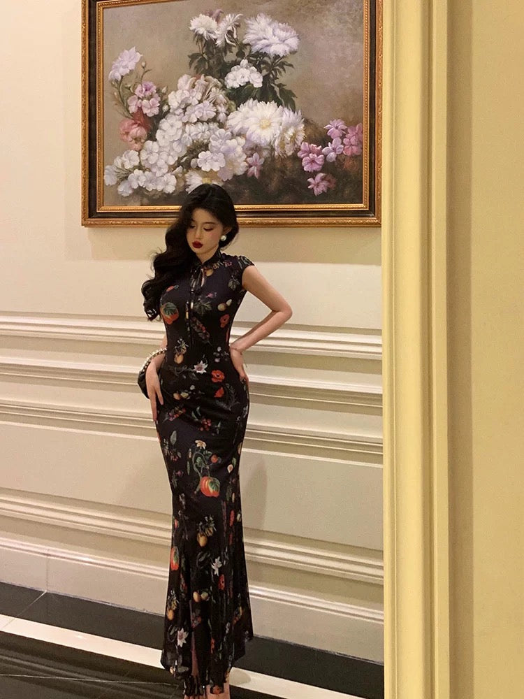 Gorgeous Sheath High Neckline Black Floral Date Night Dress Long Prom Dresses Birthday Outfits