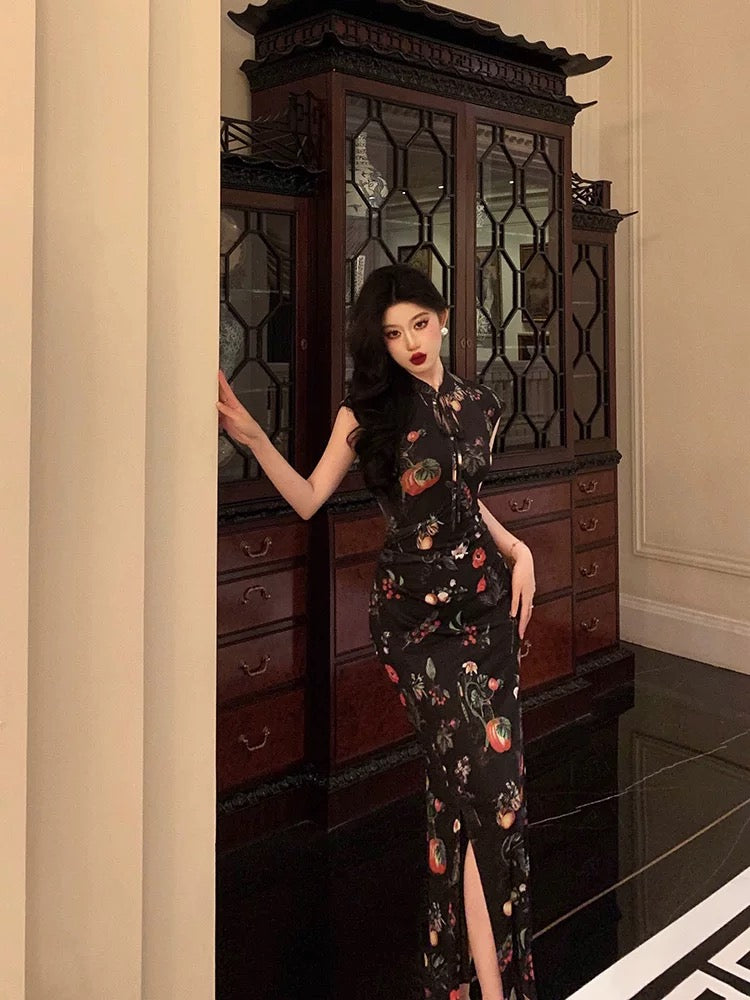 Gorgeous Sheath High Neckline Black Floral Date Night Dress Long Prom Dresses Birthday Outfits