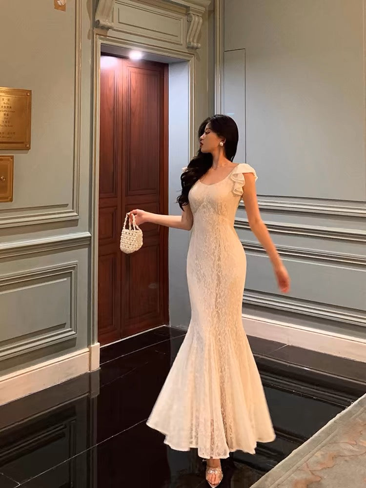 Gorgeous Mermaid Straps Date Night Dress White Lace Long Prom Dresses Birthday Outfits
