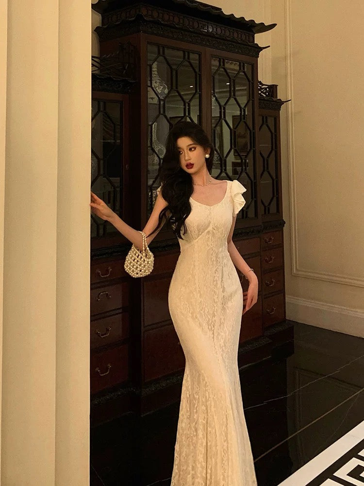 Gorgeous Mermaid Straps Date Night Dress White Lace Long Prom Dresses Birthday Outfits