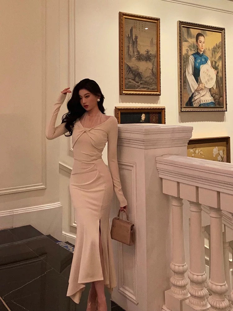 Classy Mermaid Long Sleeves Ivory Slit Prom Dresses Birthday Outfits Evening Gown