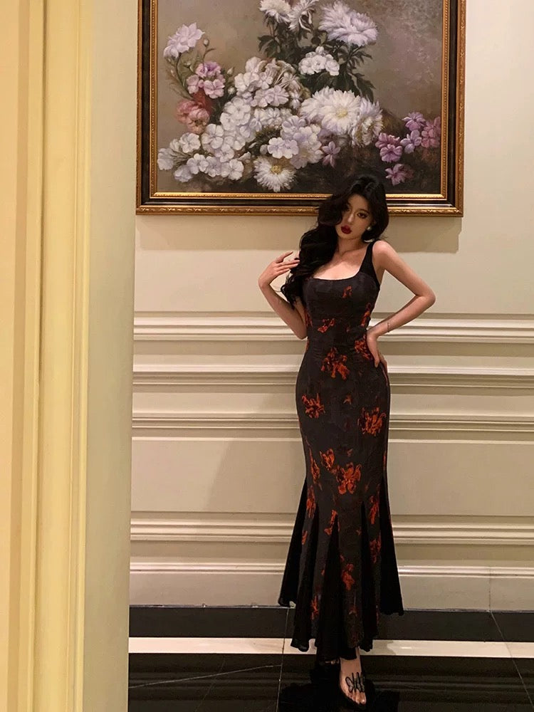 Classy Sheath Straps Black Floral Prom Dresses Birthday Outfits Evening Gown