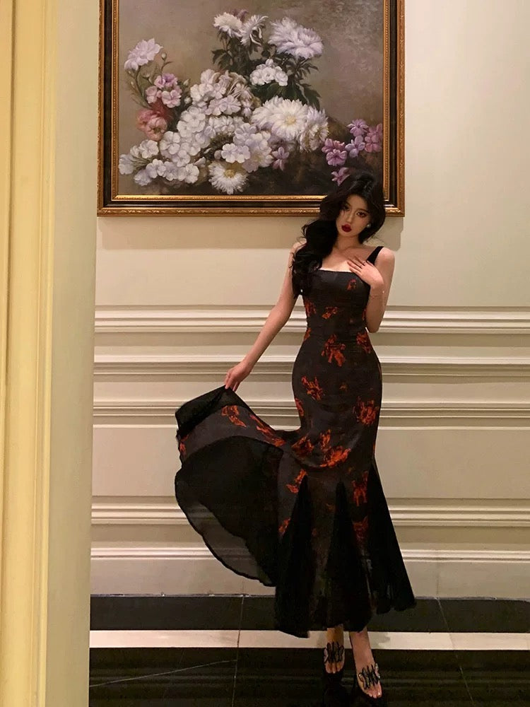 Classy Sheath Straps Black Floral Prom Dresses Birthday Outfits Evening Gown