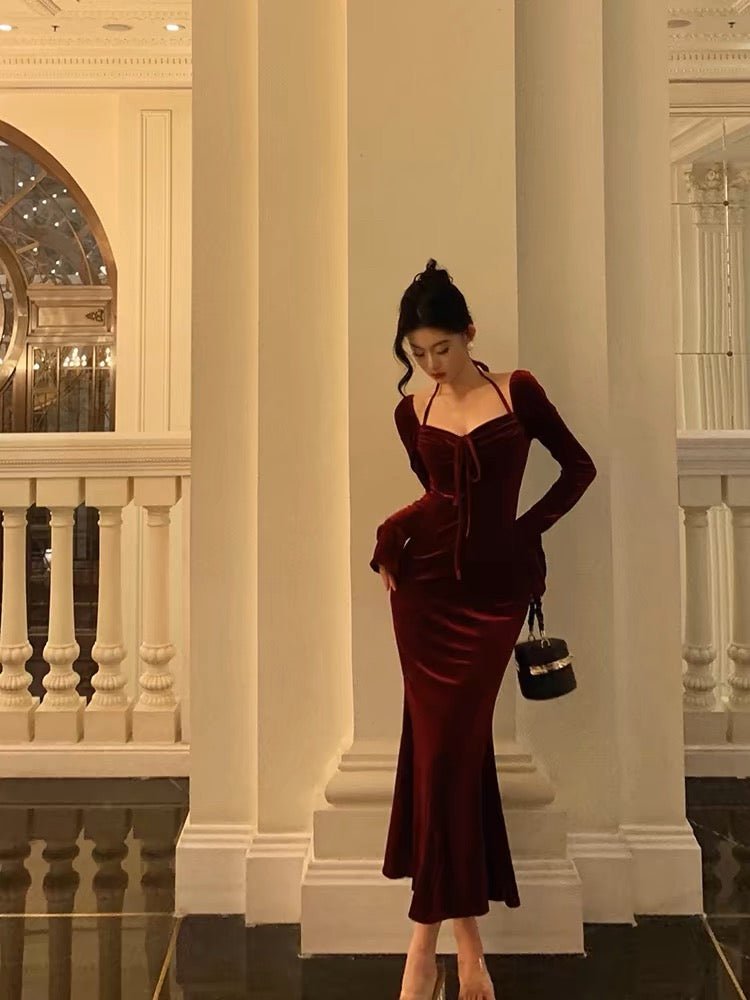 Gorgeous Mermaid Halter Burgundy Date Night Dress Prom Dresses Birthday Outfits