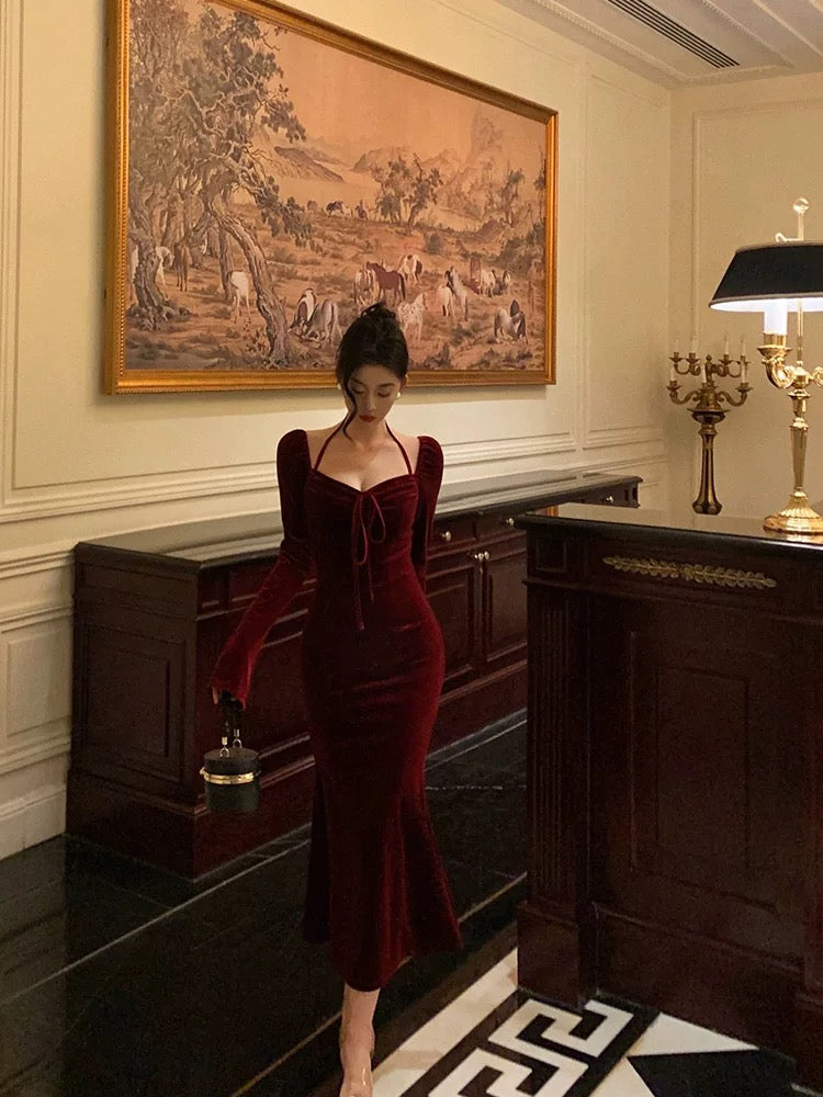 Gorgeous Mermaid Halter Burgundy Date Night Dress Prom Dresses Birthday Outfits