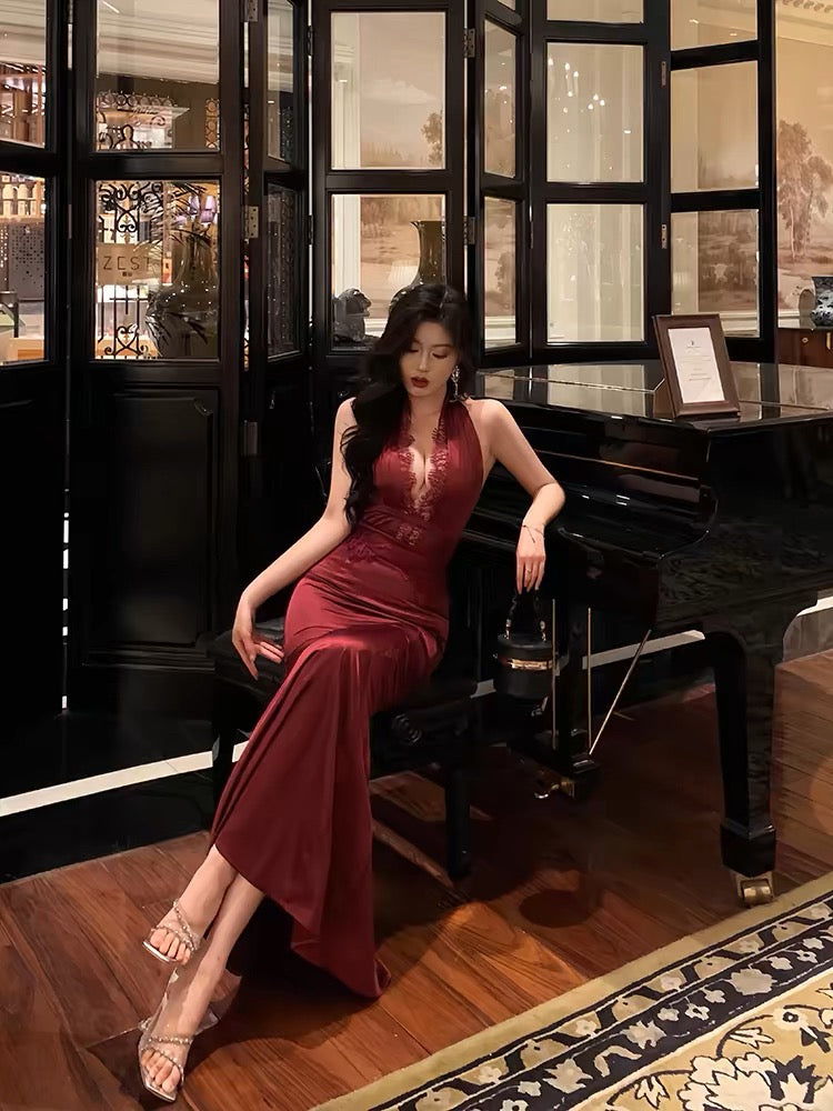 Gorgeous Mermaid V Neckline Burgundy Date Night Dress Lace Prom Dresses Birthday Outfits