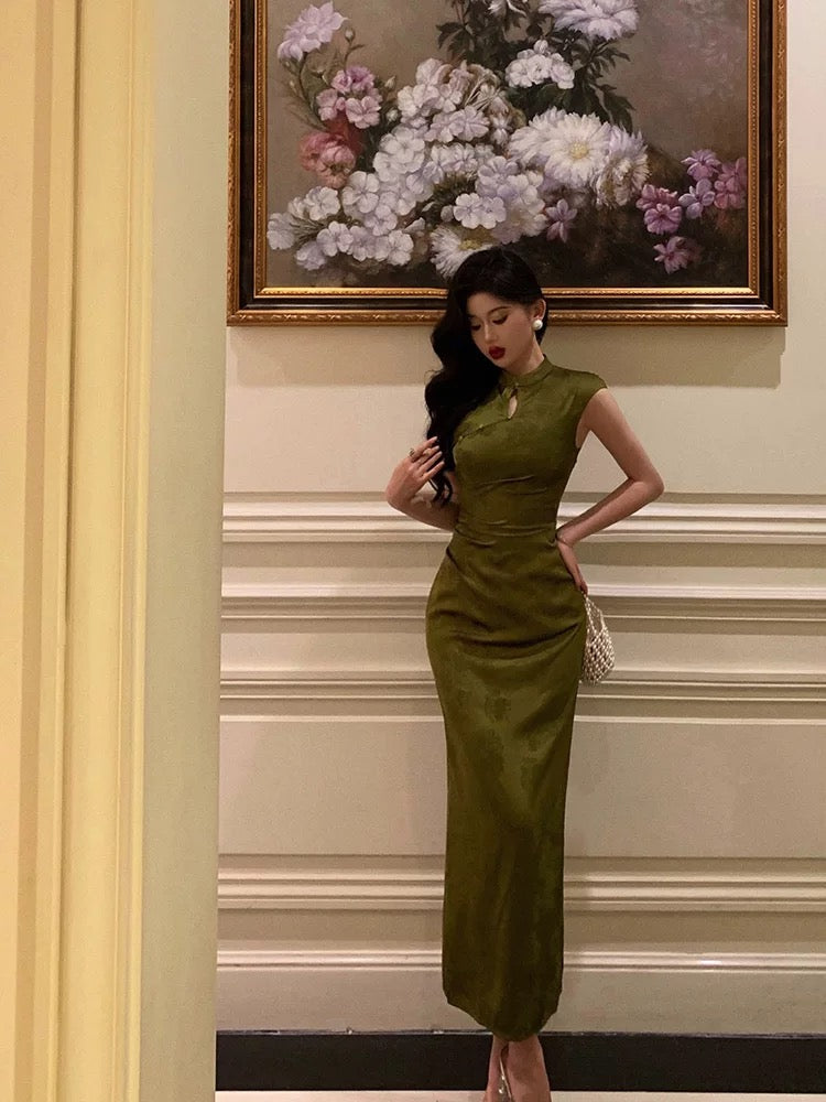 Gorgeous Mermaid High Neckline Green Satin Floral Date Night Dress Long Prom Dresses Birthday Outfits