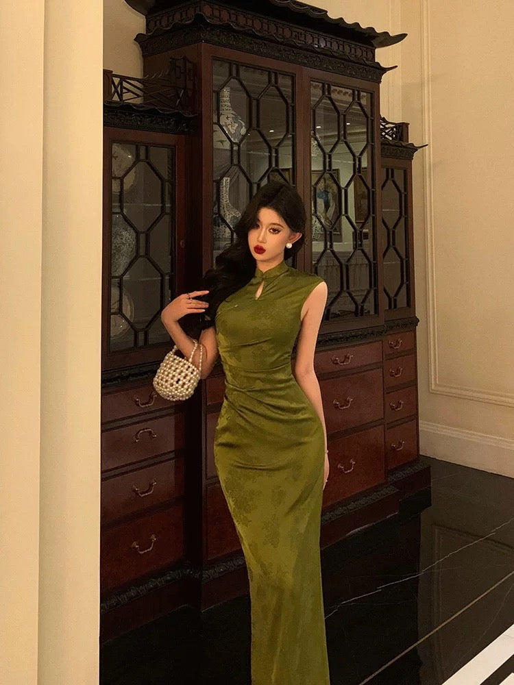 Gorgeous Mermaid High Neckline Green Satin Floral Date Night Dress Long Prom Dresses Birthday Outfits