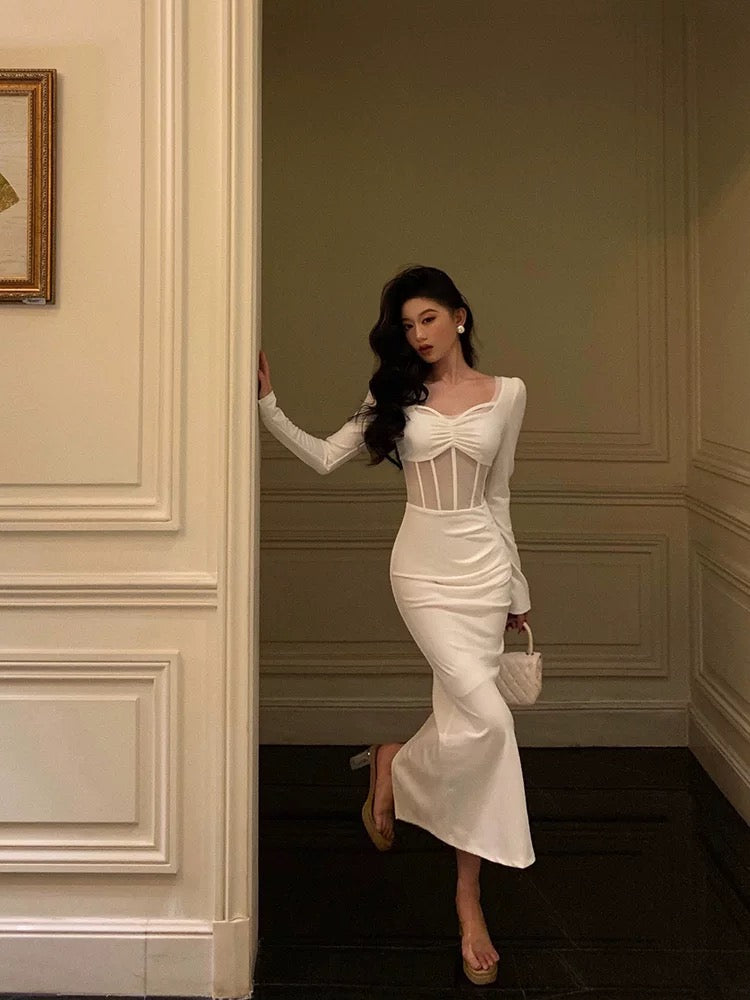 Classy Sheath Long Sleeves White Prom Dresses Birthday Outfits Evening Gown