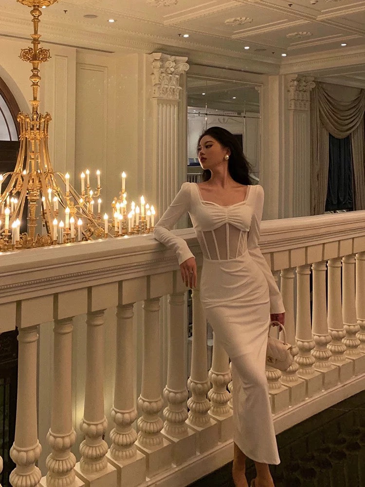 Classy Sheath Long Sleeves White Prom Dresses Birthday Outfits Evening Gown