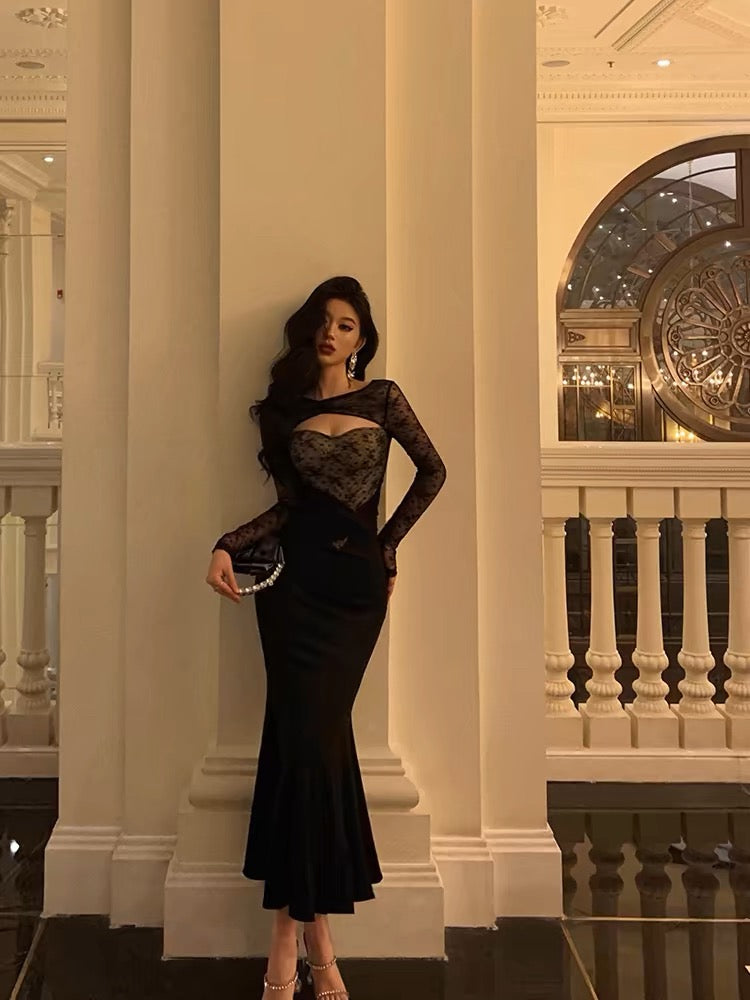 Gorgeous Mermaid Black Lace Date Night Dress Long Prom Dresses Birthday Outfits