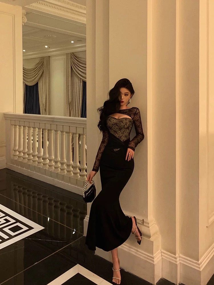 Gorgeous Mermaid Black Lace Date Night Dress Long Prom Dresses Birthday Outfits