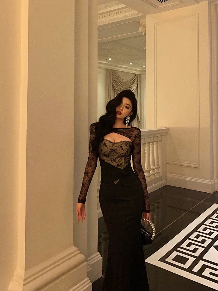 Gorgeous Mermaid Black Lace Date Night Dress Long Prom Dresses Birthday Outfits