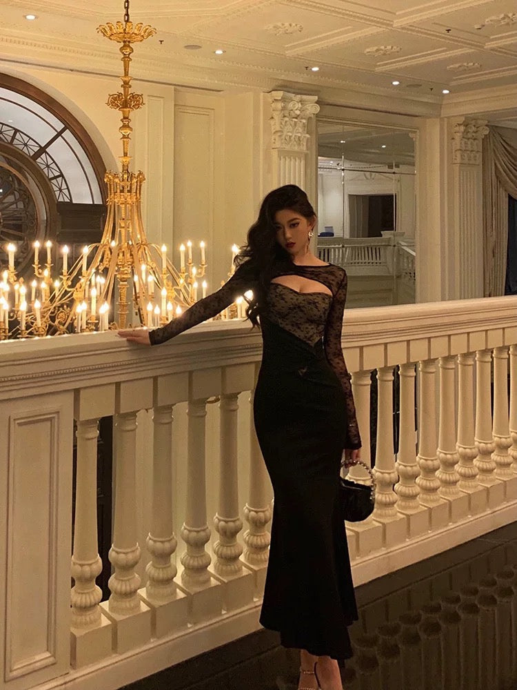 Gorgeous Mermaid Black Lace Date Night Dress Long Prom Dresses Birthday Outfits