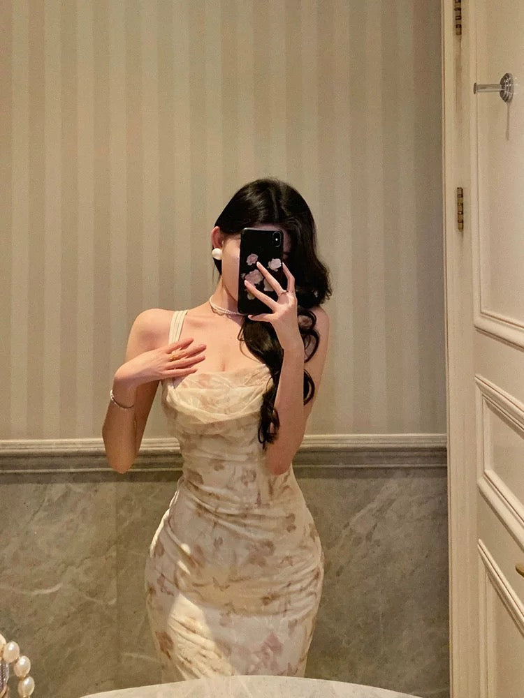 Sexy Sheath Straps Floral Satin Prom Dresses Birthday Outfits Evening Gown