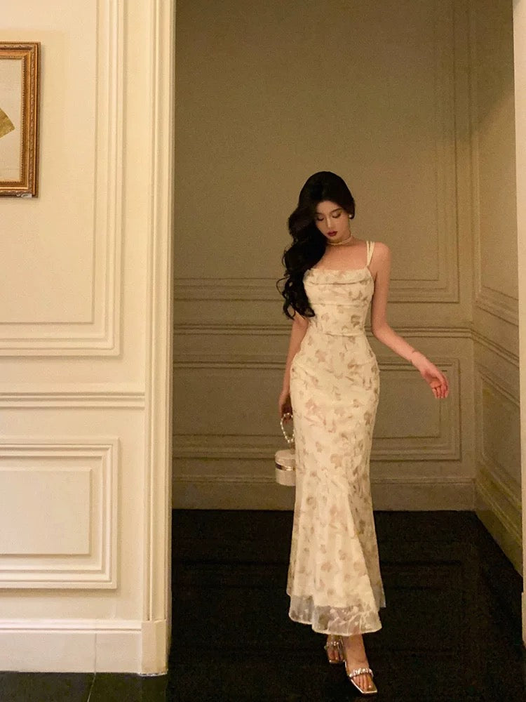 Sexy Sheath Straps Floral Satin Prom Dresses Birthday Outfits Evening Gown