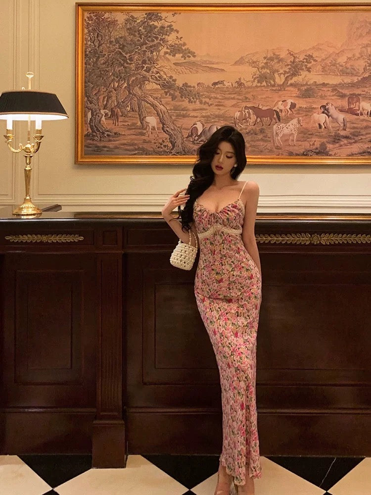 Gorgeous Mermaid Spaghetti Straps Pink Floral Date Night Dress Long Prom Dresses Birthday Outfits