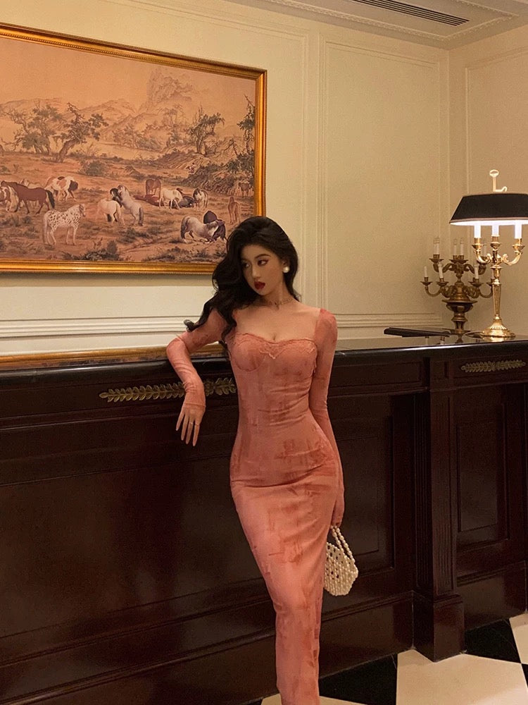 Gorgeous Sheath Square Neckline Long Sleeves Pink Lace Date Night Dress Long Prom Dresses Birthday Outfits